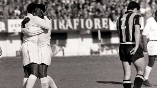 A still from the memorable play-off : Pele celebrates his goal.