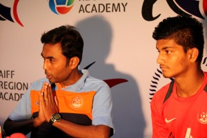 AIFF XI Head Coach Goutam Ghosh gestures as Prosenjit Chakraborty (right) look on.