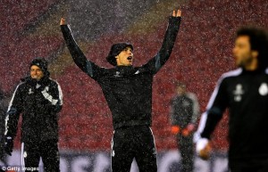 Ronaldo Trains at Anfield in Stormy Conditions.