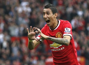 Manchester United's Di Maria celebrates after scoring a goal against Queens Park Rangers during their English Premier League soccer match at Old Trafford in Manchester