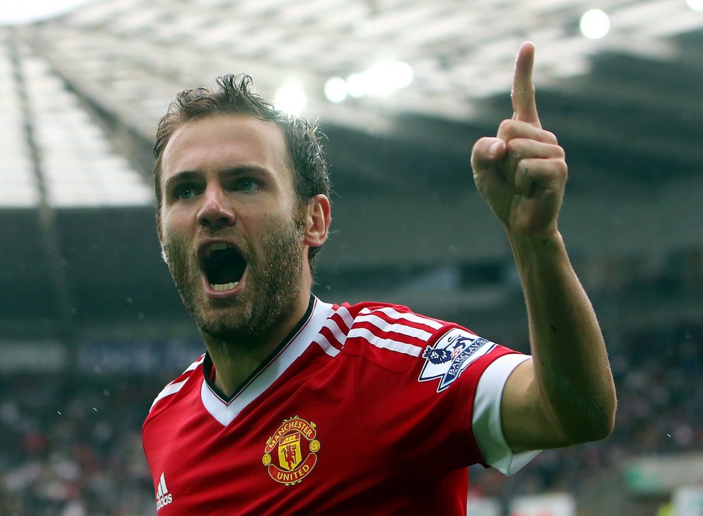 Manchester United's Spanish midfielder Juan Mata celebrates a score during the English Premier League soccer match played between Swansea City AFC and Manchester United FC at the Liberty Stadium, Swansea, Wales, Great Britain, 30 August 2015. (Photo by Geoff Caddick/EPA)