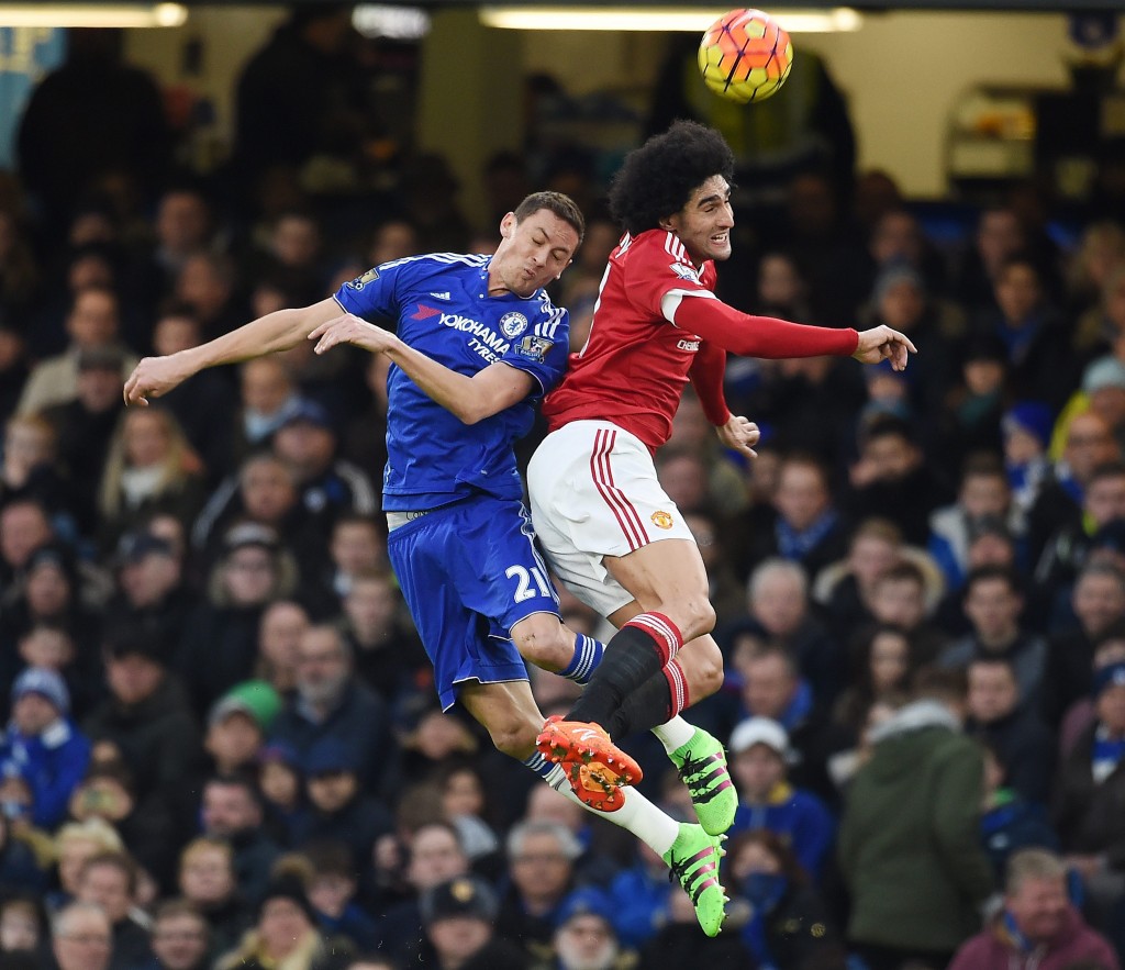 Manchester United's Marouane Fellaine (R) vies for the ball with Chelsea's Nemanja Matic (L) during the English Premier League soccer match between Chelsea and Manchester United in London, Britain, 07 February 2016.  EPA/ANDY RAIN 