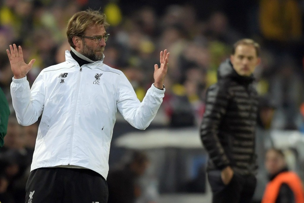 Liverpool's head coach Jurgen Klopp reacts during the UEFA Europa League quarter final first leg soccer match Borussia Dortmund vs FC Liverpool in Dortmund, Germany, 07 April 2016. (Photo by Federico Gambarini/EPA)