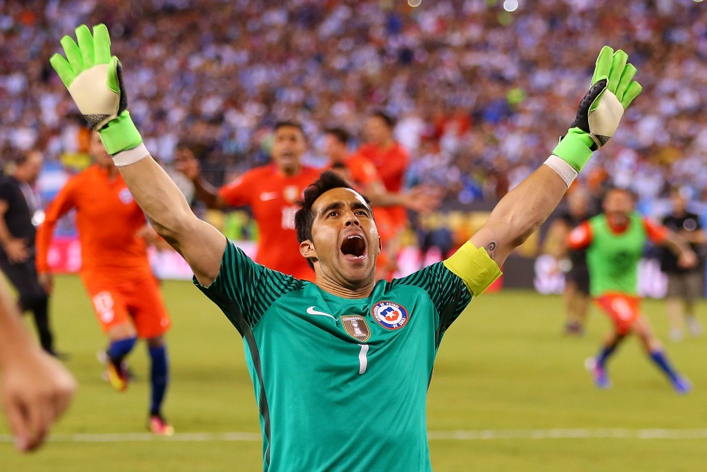EAST RUTHERFORD, NJ - JUNE 26: Claudio Bravo #1 of Chile celebrates after defeating the Argentina to win the Copa America Centenario Championship match at MetLife Stadium on June 26, 2016 in East Rutherford, New Jersey. Chile defeated Argentina 4-2 in penalty kicks. (Photo by Mike Stobe/Getty Images)