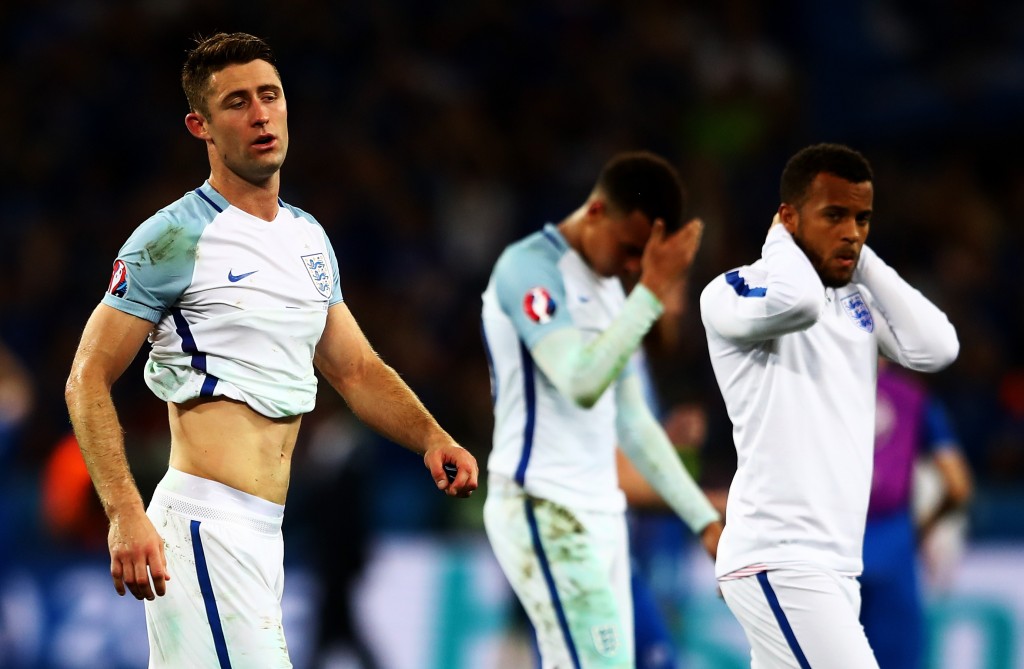 NICE, FRANCE - JUNE 27: Gary Cahill of England shows his dejection after his team's 1-2 defeat in the UEFA EURO 2016 round of 16 match between England and Iceland at Allianz Riviera Stadium on June 27, 2016 in Nice, France. (Photo by Lars Baron/Getty Images)