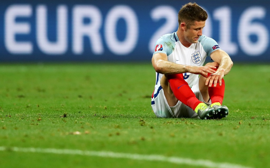 NICE, FRANCE - JUNE 27: Gary Cahill of England shows his dejection after his team's 1-2 defeat in the UEFA EURO 2016 round of 16 match between England and Iceland at Allianz Riviera Stadium on June 27, 2016 in Nice, France. (Photo by Lars Baron/Getty Images)