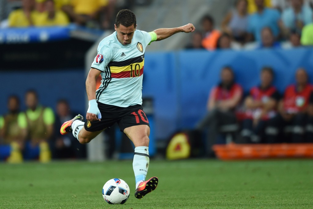 Belgium's forward Eden Hazard plays the ball during the Euro 2016 group E football match between Sweden and Belgium at the Allianz Riviera stadium in Nice on June 22, 2016. / AFP / BULENT KILIC (Photo credit should read BULENT KILIC/AFP/Getty Images)