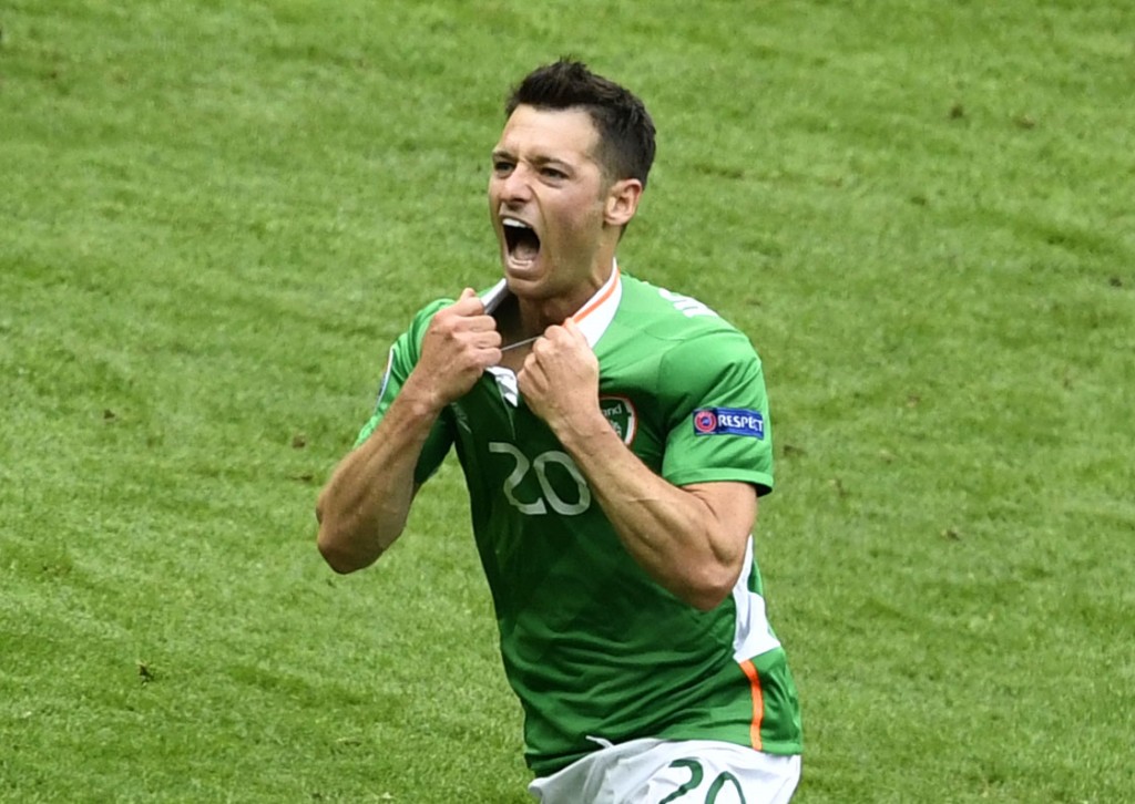 Ireland's midfielder Wesley Hoolahan celebrates after scoring a goal during the Euro 2016 group E football match between Ireland and Sweden at the Stade de France stadium in Saint-Denis on June 13, 2016. / AFP / PHILIPPE LOPEZ (Photo credit should read PHILIPPE LOPEZ/AFP/Getty Images)