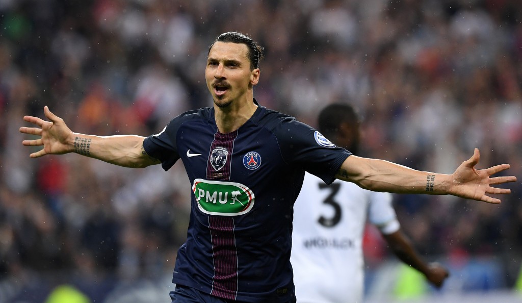 Paris Saint-Germain's Swedish forward Zlatan Ibrahimovic celebrates after scoring a goal during the French Cup final football match beween Marseille (OM) and Paris Saint-Germain (PSG) on May 21, 2016 at the Stade de France in Saint-Denis, north of Paris. AFP PHOTO / FRANCK FIFE / AFP / FRANCK FIFE (Photo credit should read FRANCK FIFE/AFP/Getty Images)