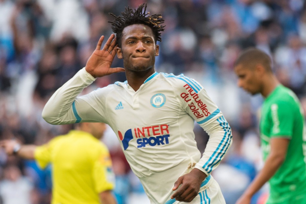 Marseille's Belgian forward Michy Batshuayi celebrates after scoring the 1-1 goal during the French L1 football match between Olympique de Marseille and Saint-Etienne at Velodrome Stadium in Marseille, southern France, on February 21, 2016. The match ended in a 1-1 draw. AFP PHOTO / BERTRAND LANGLOIS / AFP / BERTRAND LANGLOIS (Photo credit should read BERTRAND LANGLOIS/AFP/Getty Images)