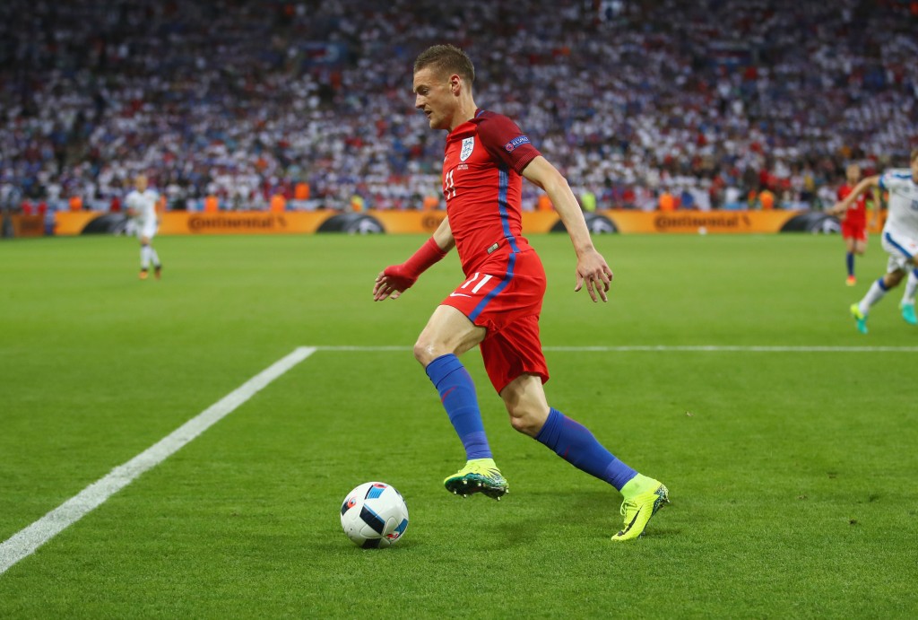 SAINT-ETIENNE, FRANCE - JUNE 20: Jamie Vardy of England in action during the UEFA EURO 2016 Group B match between Slovakia and England at Stade Geoffroy-Guichard on June 20, 2016 in Saint-Etienne, France. (Photo by Clive Brunskill/Getty Images)