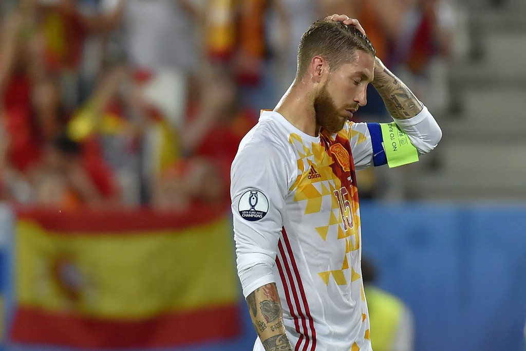 TOPSHOT - Spain's defender Sergio Ramos reacts after his pnealty was saved during the Euro 2016 group D football match between Croatia and Spain at the Matmut Atlantique stadium in Bordeaux on June 21, 2016. / AFP / LOIC VENANCE (Photo credit should read LOIC VENANCE/AFP/Getty Images)