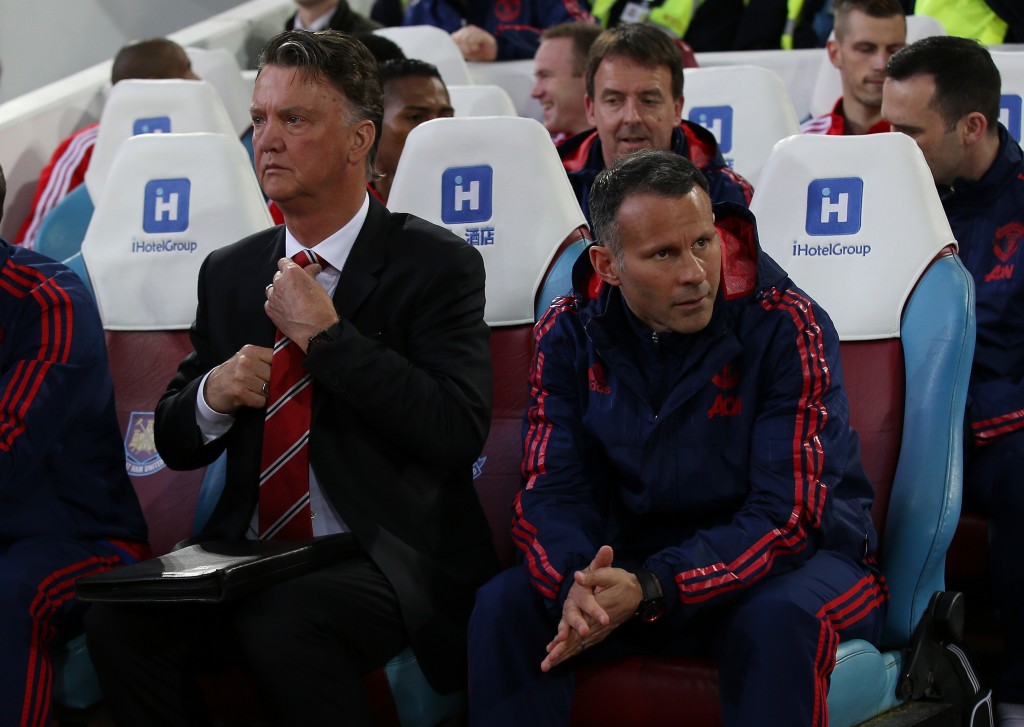 LONDON, ENGLAND - APRIL 13: Louis van Gaal, manager of Manchester United Ryan Giggs, Assistant Manager of Manchester United look on during The Emirates FA Cup, sixth round replay between West Ham United and Manchester United at the Boleyn Ground on April 13, 2016 in London, England. (Photo by Ian Walton/Getty Images)