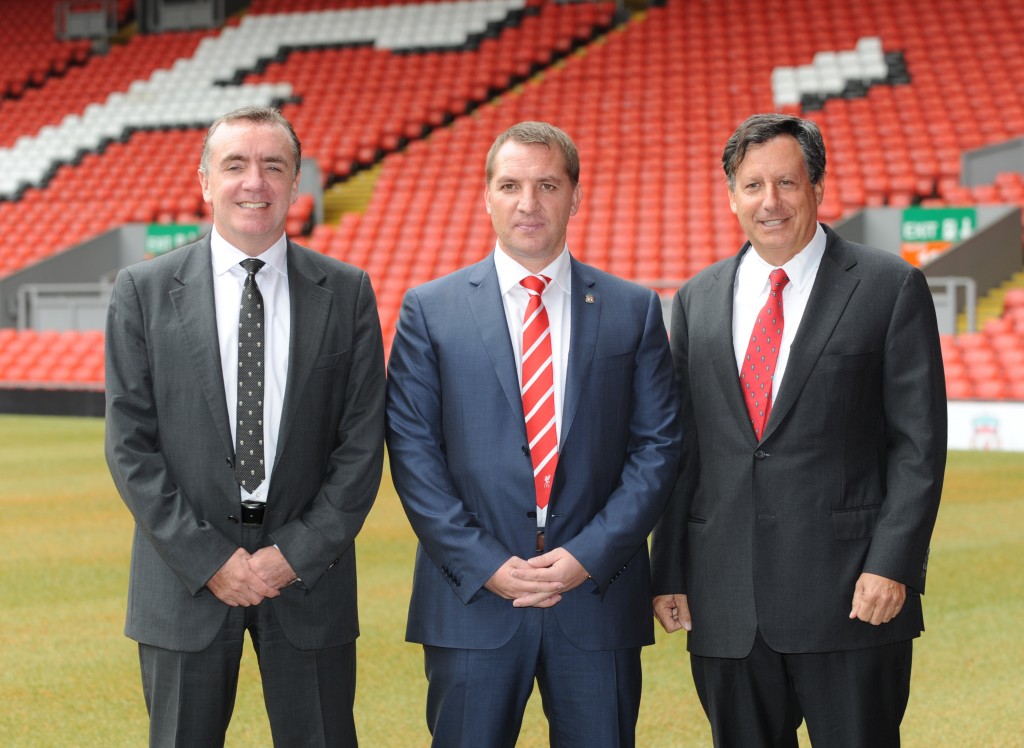 LIVERPOOL, UNITED KINGDOM - JUNE 01: Brendan Rodgers (C) is unveiled as the new Liverpool FC manager by Managing Director Ian Ayre (L) and Chaiman Tom Werner (R) at a press conference at Anfield on June 01, 2012 in Liverpool, England. (Photo by Clint Hughes/Getty Images)