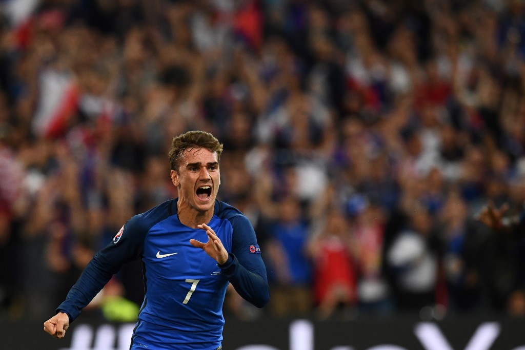 France's forward Antoine Griezmann reacts after scoring France's first goal during the Euro 2016 group A football match between France and Albania at the Velodrome stadium in Marseille on June 15, 2016. France beat Albania 2-0. / AFP / FRANCK FIFE (Photo credit should read FRANCK FIFE/AFP/Getty Images)