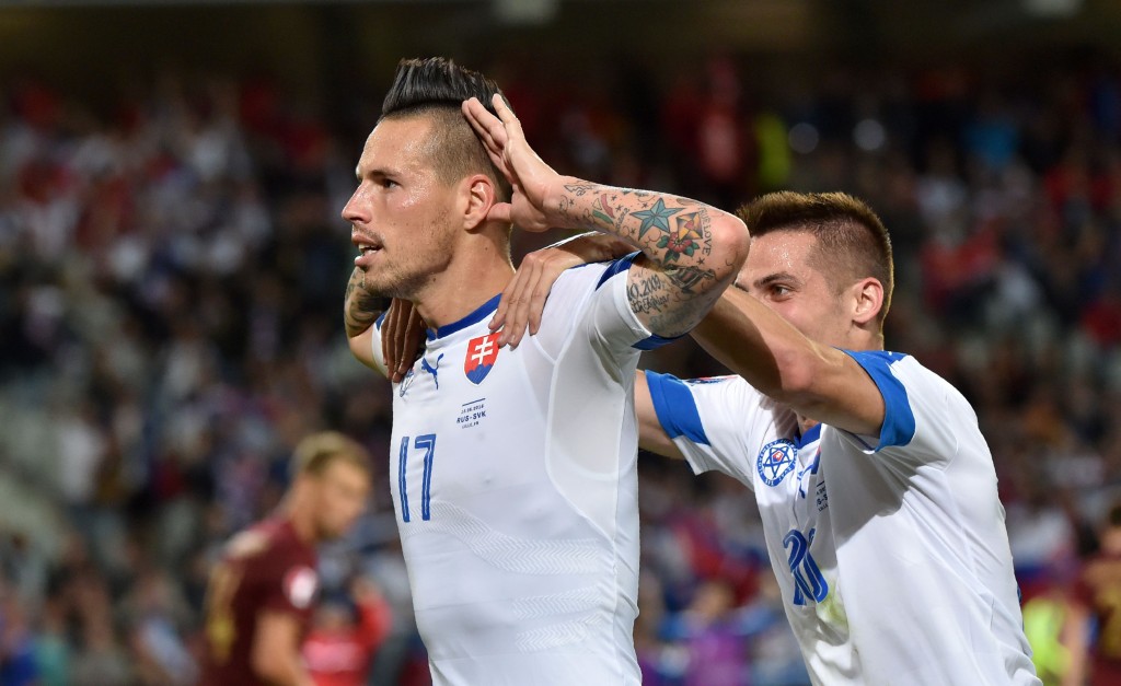 Slovakia's midfielder Marek Hamsik celebrates his goal during the Euro 2016 group B football match between Russia and Slovakia at the Pierre-Mauroy Stadium in Villeneuve-d'Ascq, near Lille, on June 15, 2016. / AFP / PHILIPPE HUGUEN (Photo credit should read PHILIPPE HUGUEN/AFP/Getty Images)