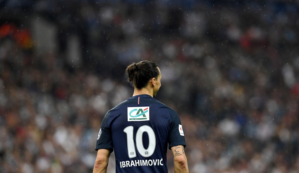 Paris Saint-Germain's Swedish forward Zlatan Ibrahimovic reacts during the French Cup final football match between Marseille (OM) and Paris Saint-Germain (PSG) on May 21, 2016 at the Stade de France in Saint-Denis, north of Paris. / AFP / FRANCK FIFE (Photo credit should read FRANCK FIFE/AFP/Getty Images)