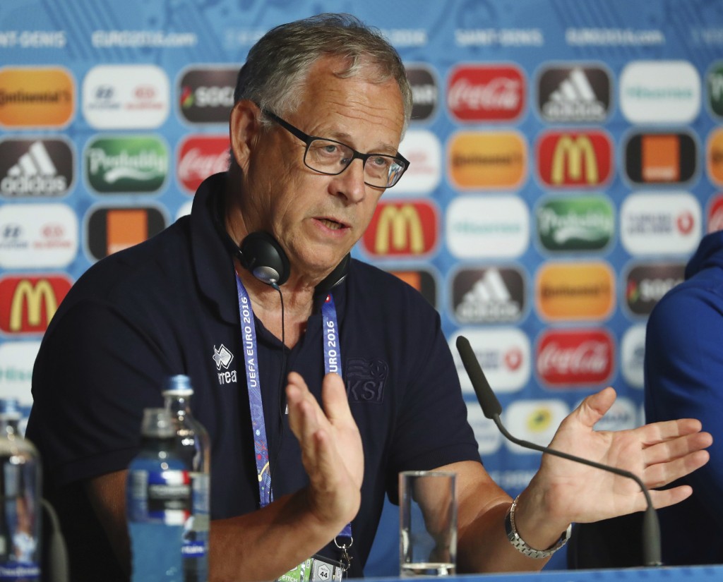 PARIS, FRANCE - JULY 02: In this handout image provided by UEFA coach Lars Lagerback of Iceland attends a press conference at Stade de France on July 2, 2016 in Paris, France. (Photo by Handout/UEFA via Getty Images)