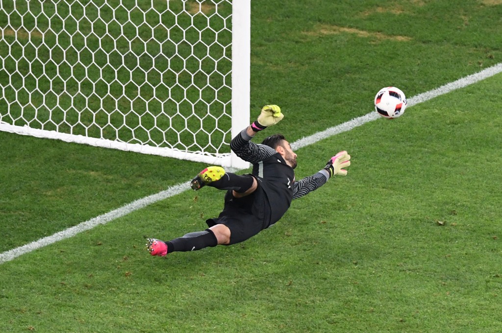 Portugal's goalkeeper Rui Patricio stops a penalty shot by Poland's midfielder Jakub Blaszczykowski during the Euro 2016 quarter-final football match between Poland and Portugal at the Stade Velodrome in Marseille on June 30, 2016. / AFP / BORIS HORVAT (Photo credit should read BORIS HORVAT/AFP/Getty Images)