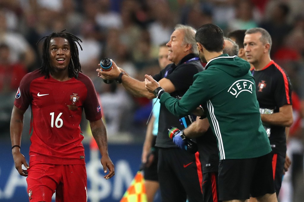 Portugal's midfielder Renato Sanches (L) after scoring during the Euro 2016 quarter-final football match between Poland and Portugal at the Stade Velodrome in Marseille on June 30, 2016. / AFP / Valery HACHE (Photo credit should read VALERY HACHE/AFP/Getty Images)