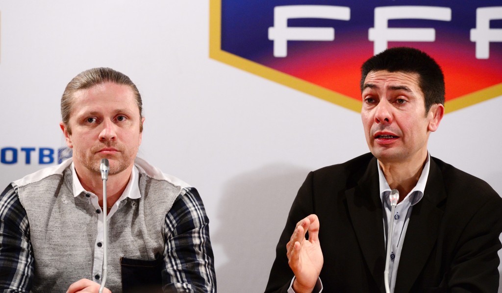 President of the French Association of Amateur Football (AFFA) and candidate for the organization's presidency of FFF, Eric Thomas (R) and former player international, Emmanuel Petit give a press conference, on December 5, 2012 in Paris. AFP PHOTO / FRANCK FIFE (Photo credit should read FRANCK FIFE/AFP/Getty Images)