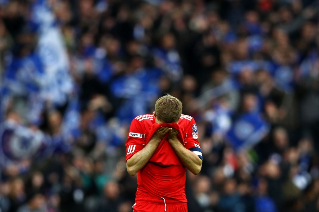 LONDON, ENGLAND - MAY 05: Steven Gerrard of Liverpool reacts at the final whistle during the FA Cup with Budweiser Final match between Liverpool and Chelsea at Wembley Stadium on May 5, 2012 in London, England. (Photo by Clive Brunskill/Getty Images)
