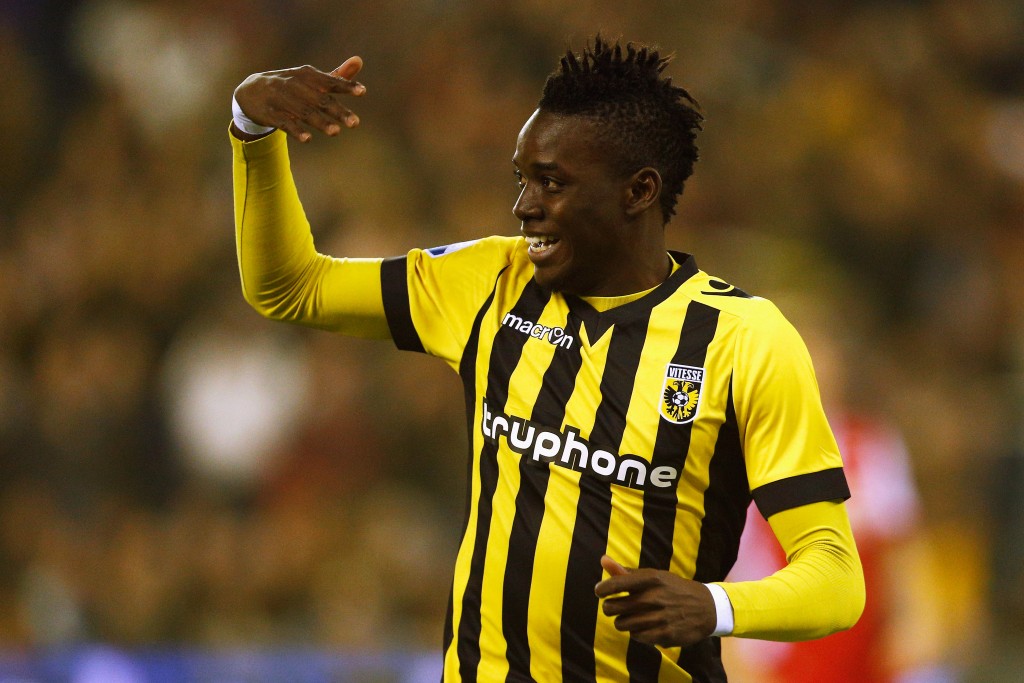 ARNHEM, NETHERLANDS - MARCH 13: Bertrand Traore of Vitesse celebrates scoring the first goal of the game during the Dutch Eredivisie match between Vitesse Arnhem and AZ Alkmaar held at Gelredome on March 13, 2015 in Arnhem, Netherlands. (Photo by Dean Mouhtaropoulos/Getty Images)