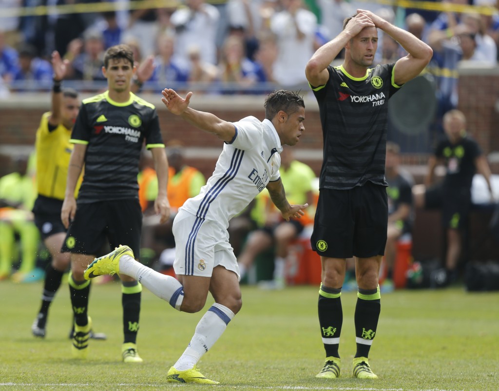 Real Madrid defender Mariano Diaz (C) celebrates his goal against Chelsea during an International Champions Cup soccer match in Ann Arbor, Michigan on July 30, 2016. / AFP / Jay LaPrete (Photo credit should read JAY LAPRETE/AFP/Getty Images)