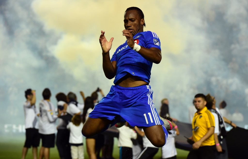 Didier Drogba of the Montreal Impact warms up prior to kickoff against the LA Galaxy in their MLS match on September 12, 2015 in Carson, California which ended 0-0. AFP PHOTO /FREDERIC J.BROWN (Photo credit should read FREDERIC J. BROWN/AFP/Getty Images)