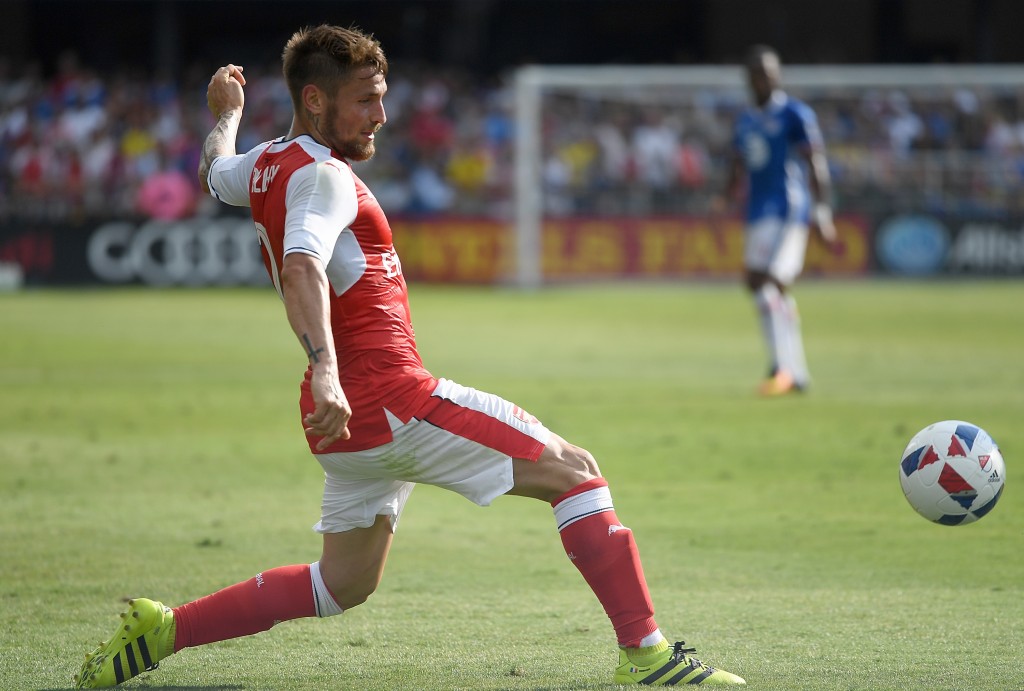 SAN JOSE, CA - JULY 28: Mathieu Debuchy #2 of Arsenal FC passes the ball against the MLS All-Stars during the second half of the AT&T MLS All-Star Game at Avaya Stadium on July 28, 2016 in San Jose, California. (Photo by Thearon W. Henderson/Getty Images)