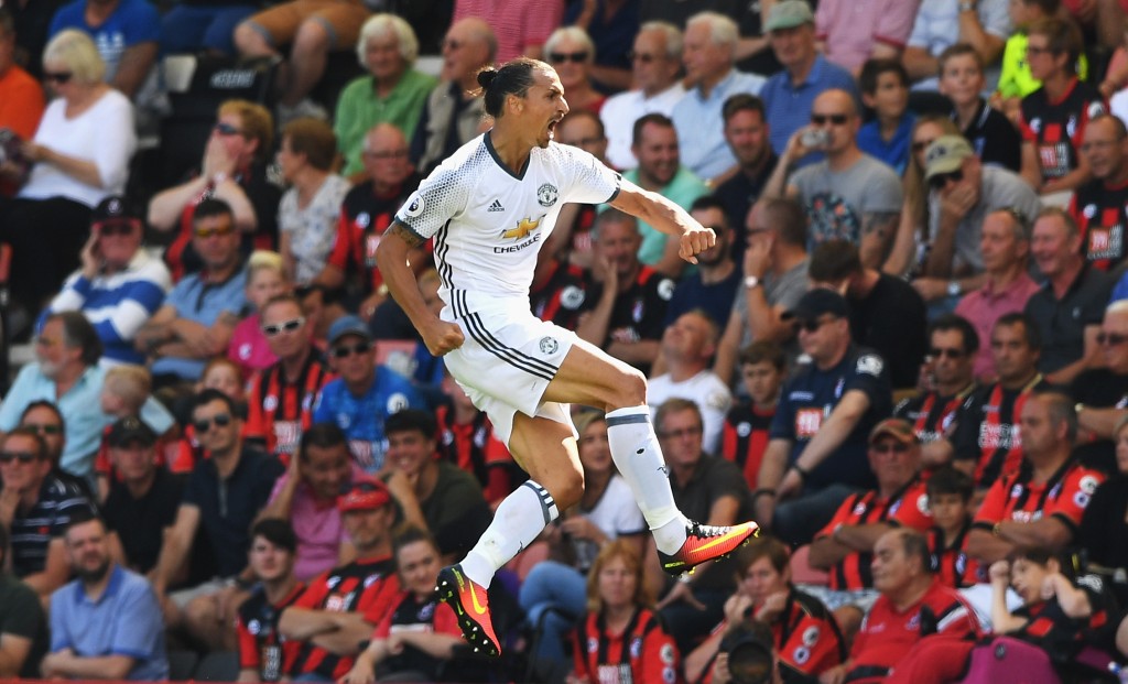 BOURNEMOUTH, ENGLAND - AUGUST 14: Zlatan Ibrahimovic of Manchester United celebrates scoring his team's third goal during the Premier League match between AFC Bournemouth and Manchester United at Vitality Stadium on August 14, 2016 in Bournemouth, England. (Photo by Stu Forster/Getty Images)