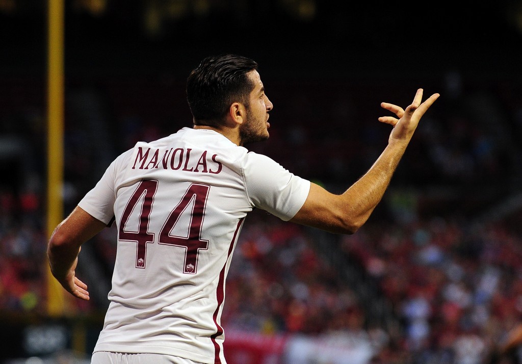 ST LOUIS, MO - AUGUST 01: Kostas Manolas #44 of AS Roma reacts to a call during a friendly match against Liverpool FC at Busch Stadium on August 1, 2016 in St Louis, Missouri. AC Roma won 2-1. (Photo by Jeff Curry/Getty Images)