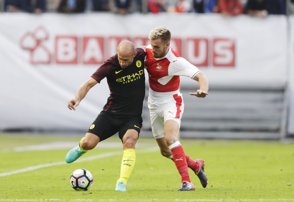 GOTHENBURG, SWEDEN - AUGUST 07: Pablo Zabaleta of Manchester City and Aaron Ramsey of Arsenal during the Pre-Season Friendly between Arsenal and Manchester City at Ullevi on August 7, 2016 in Gothenburg, Sweden. (Photo by Nils Petter Nilsson/Ombrello/Getty Images)