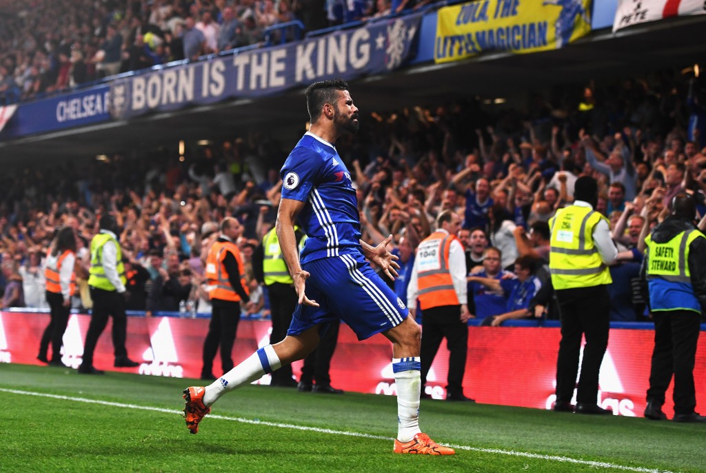 LONDON, ENGLAND - AUGUST 15: Diego Costa of Chelsea celebrates scoring his team's second goal during the Premier League match between Chelsea and West Ham United at Stamford Bridge on August 15, 2016 in London, England. (Photo by Michael Regan/Getty Images)