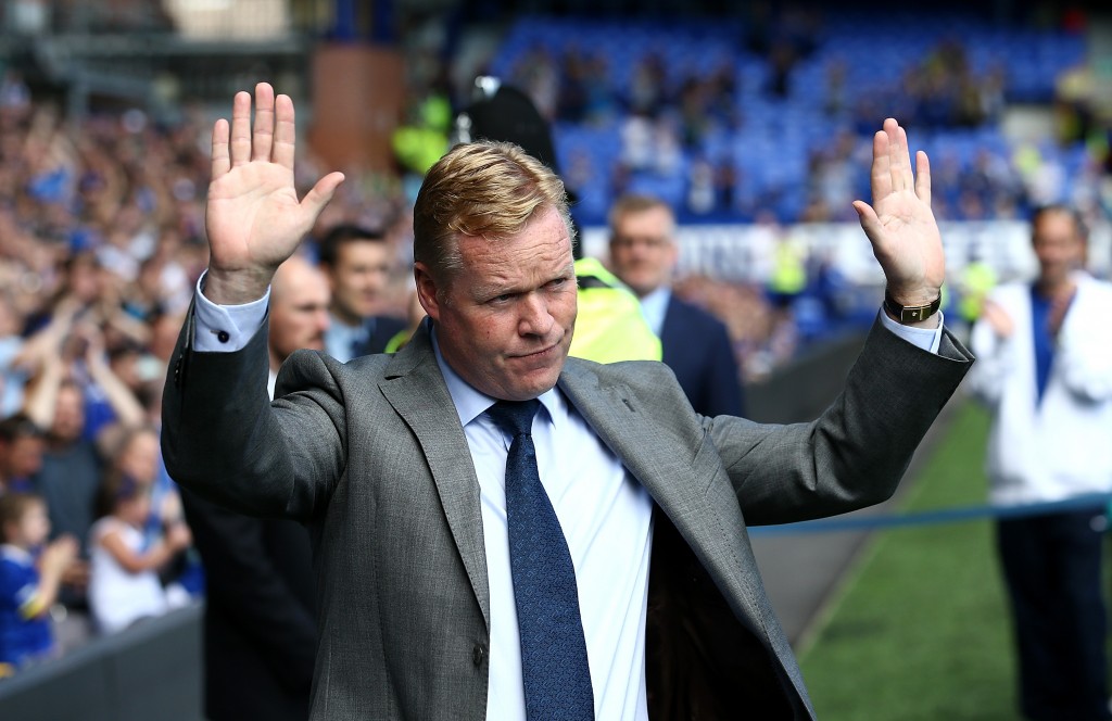 LIVERPOOL, ENGLAND - AUGUST 06: Manager of Everton Ronald Koeman acknowledges the fans after being introduced during the pre-season friendly match between Everton and Espanyol at Goodison Park on August 6, 2016 in Liverpool, England. (Photo by Jan Kruger/Getty Images)