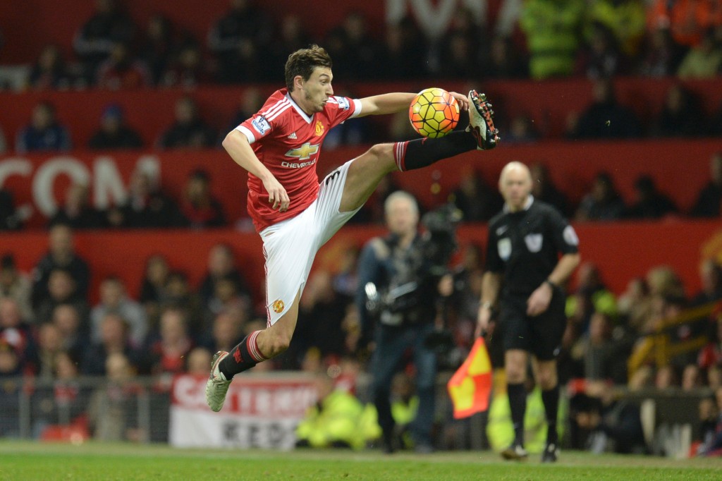 Manchester United's Italian defender Matteo Darmian controls the ball during the English Premier League football match between Manchester United and Chelsea at Old Trafford in Manchester, north west England, on December 28, 2015. (Photo by Oli Scarff/AFP/Getty Images)