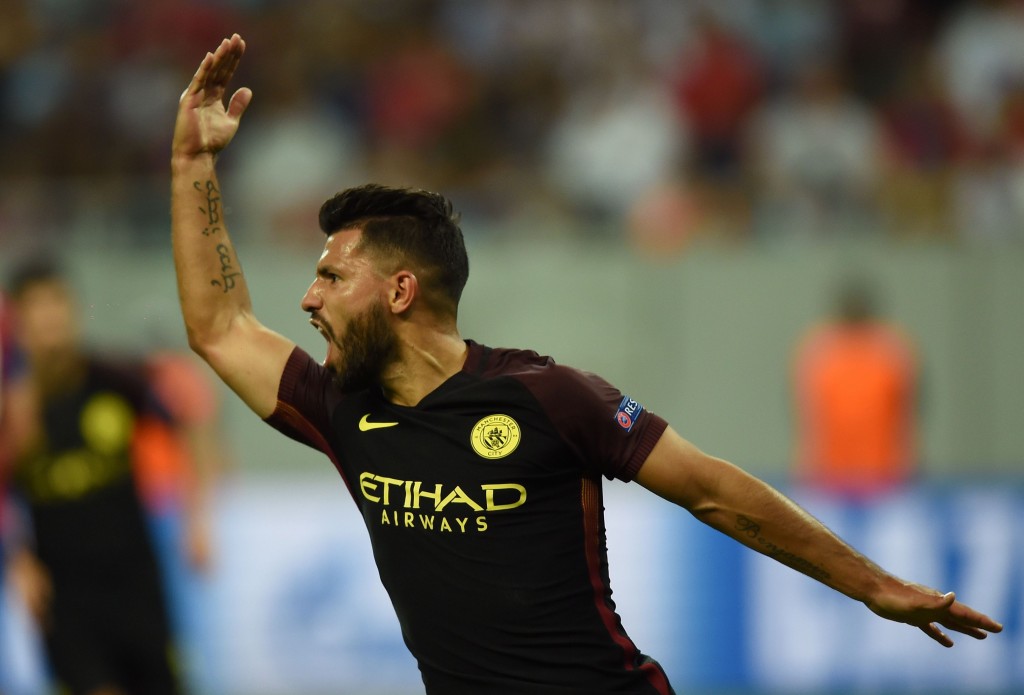 Manchester City's Argentinian striker Sergio Aguero celebrates scoring a goal during the UEFA Champions league first leg play-off football match between Steaua Bucharest and Manchester City at the National Arena stadium in Bucharest on August 16, 2016.(Photo by Daniel Mihailescu/AFP/Getty Images)