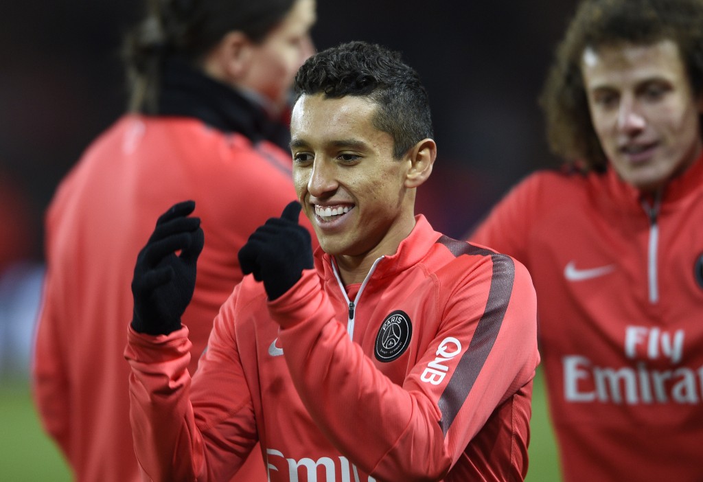 Paris Saint-Germain's Brazilian defender Marquinhos smiles as he warms up ahead of the French L1 football match between Paris Saint-Germain (PSG) and Rennes (SR) at the Parc des Princes stadium in Paris on January 30, 2015. AFP PHOTO / FRANCK FIFE (Photo credit should read FRANCK FIFE/AFP/Getty Images)