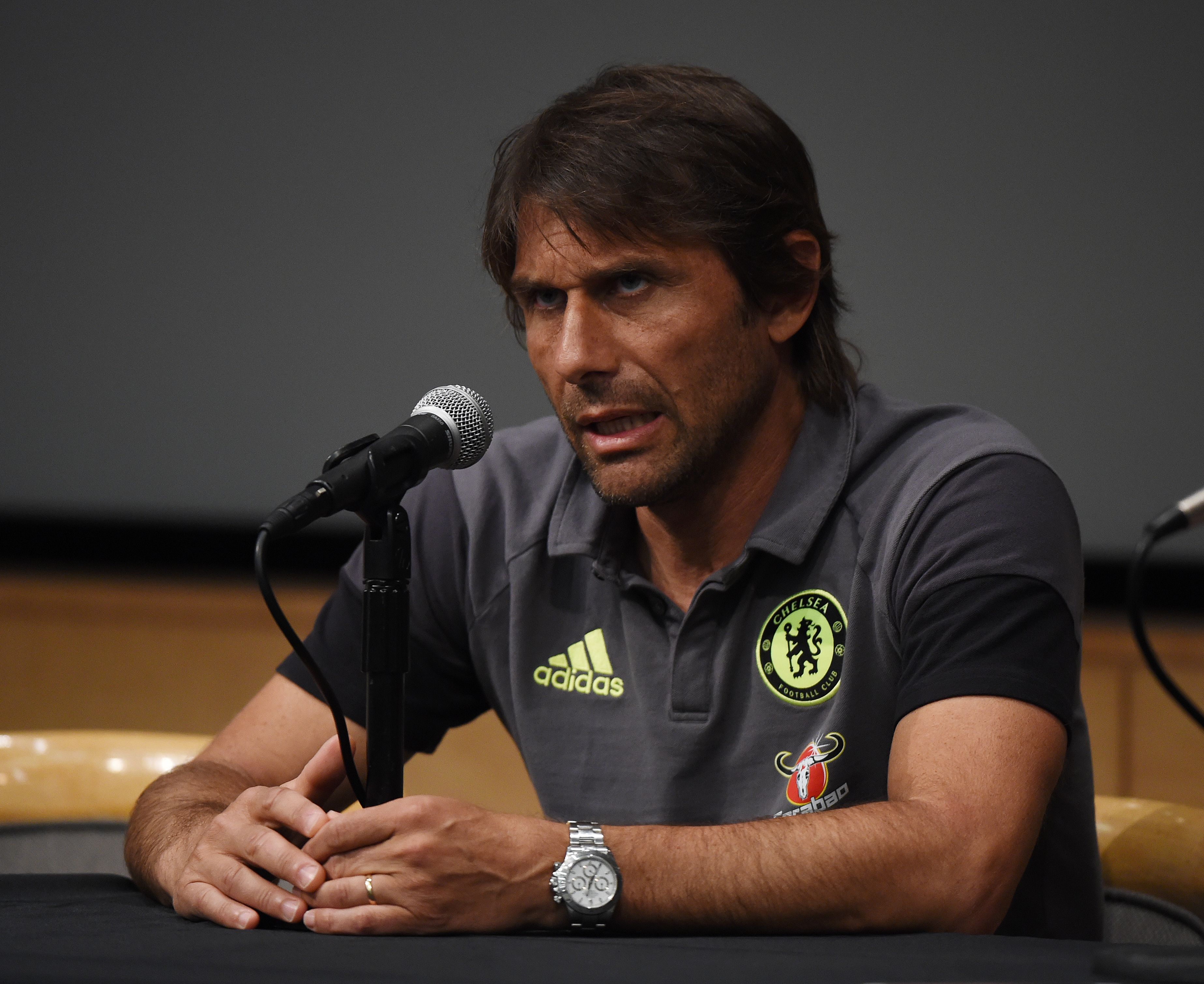 New Chelsea coach Antonio Conte speaks during a press conference before their International Champions Cup (ICC) game against Liverpool, at the UCLA Campus in Westwood, California on July 26, 2016. The two teams will meet at the Rose Bowl on July 27, 2016. / AFP / Mark Ralston (Photo credit should read MARK RALSTON/AFP/Getty Images)