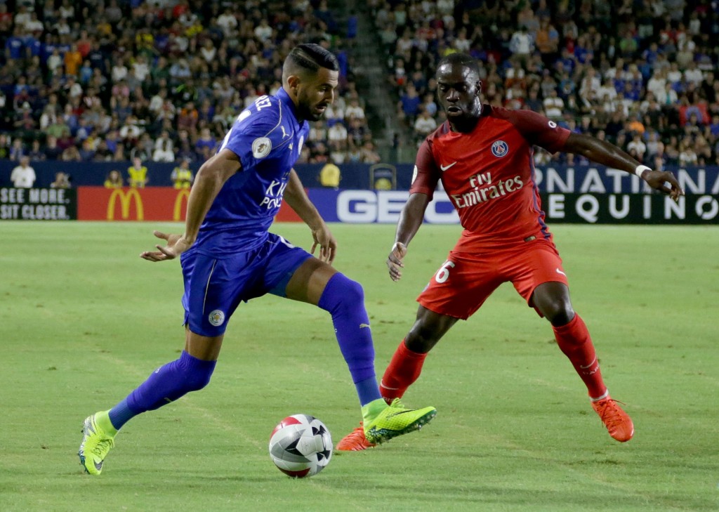 CARSON, CA - JULY 30: Riyad Mahrez #26 of Leicester City is defended by Jonathan Ikone #36 of Paris Saint-Germain in the first half during the 2016 International Champions Cup at StubHub Center on July 30, 2016 in Carson, California. (Photo by Jeff Gross/Getty Images)