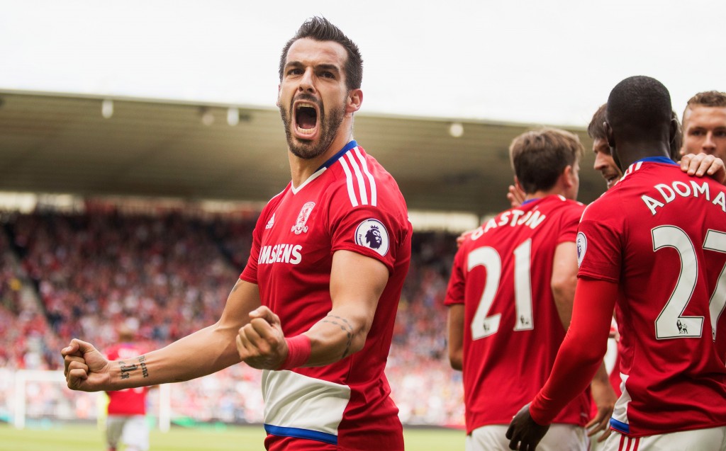 MIDDLESBROUGH, ENGLAND - AUGUST 13: Alvaro Negredo of Middlesbrough celebrates scoring his sides first goal during the Premier League match between Middlesbrough and Stoke City at Riverside Stadium on August 13, 2016 in Middlesbrough, England. (Photo by Steve Welsh/Getty Images)
