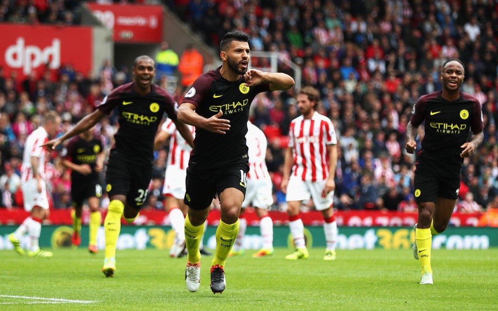 STOKE ON TRENT, ENGLAND - AUGUST 20: Sergio Aguero of Manchester City celebrates scoring his sides first goal during the Premier League match between Stoke City and Manchester City at Bet365 Stadium on August 20, 2016 in Stoke on Trent, England. (Photo by Chris Brunskill/Getty Images)