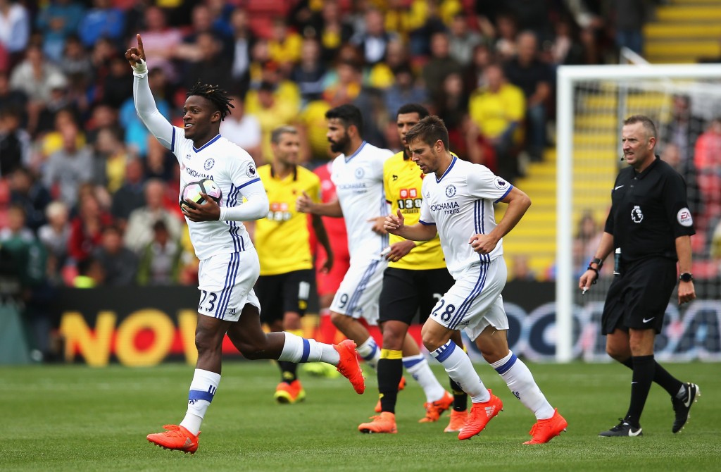 WATFORD, ENGLAND - AUGUST 20: Michy Batshuayi of Chelsea celebrates scoring his sides first goal during the Premier League match between Watford and Chelsea at Vicarage Road on August 20, 2016 in Watford, England. (Photo by Steve Bardens/Getty Images)
