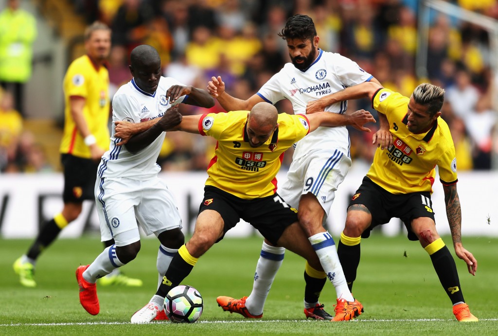 WATFORD, ENGLAND - AUGUST 20: Nordin Amrabat of Watford (C), N'Golo Kante of Chelsea (L) and Diego Costa of Chelsea (R) battle for possession during the Premier League match between Watford and Chelsea at Vicarage Road on August 20, 2016 in Watford, England. (Photo by Christopher Lee/Getty Images)