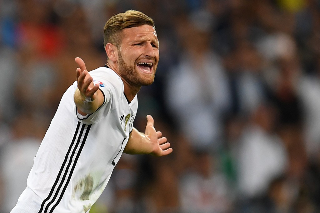 Germany's defender Shkodran Mustafi reacts during the Euro 2016 semi-final football match between Germany and France at the Stade Velodrome in Marseille on July 7, 2016. / AFP / PATRIK STOLLARZ (Photo credit should read PATRIK STOLLARZ/AFP/Getty Images)