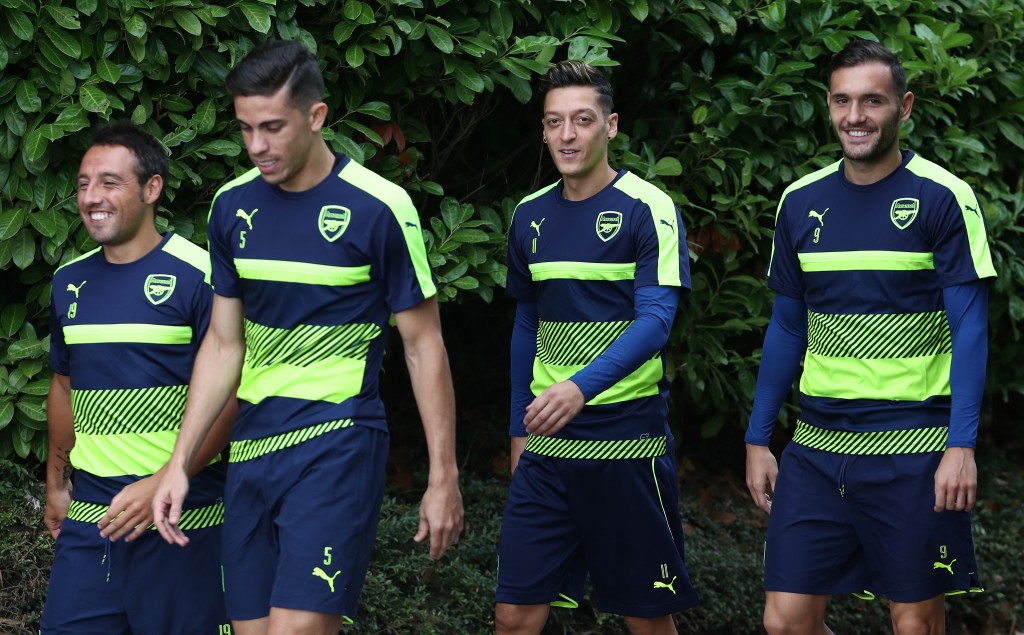 ST ALBANS, ENGLAND - SEPTEMBER 12: Gabriel, Santi Cazorla, Lucas Perez and Mezut Ozil of Arsenal arrive during Arsenal training session ahead of their Champions League match against PSG at London Colney on September 12, 2016 in St Albans, England. (Photo by Julian Finney/Getty Images)