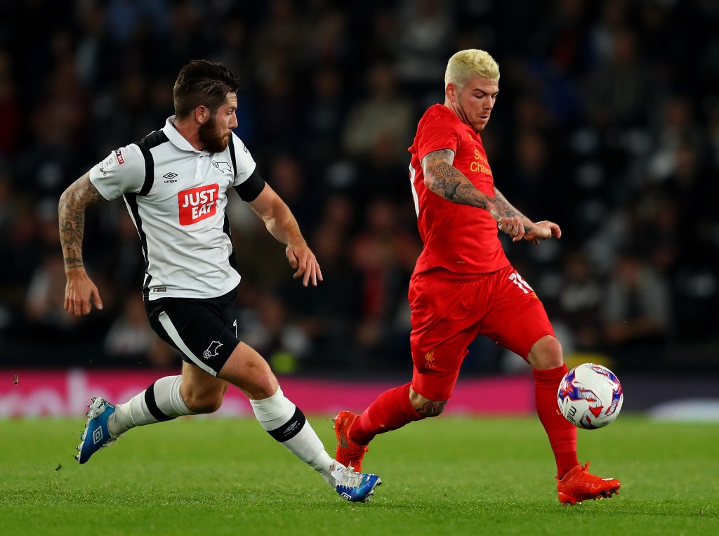 DERBY, ENGLAND - SEPTEMBER 20: Jacob Butterfield of Derby County closes down Alberto Moreno of Liverpool during the EFL Cup Third Round match between Derby County and Liverpool at iPro Stadium on September 20, 2016 in Derby, England. (Photo by Richard Heathcote/Getty Images)