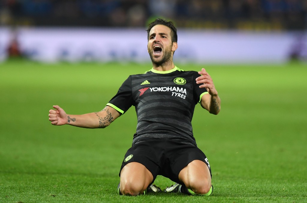 Chelsea's Spanish midfielder Cesc Fabregas celebrates scoring their fourth goal during extra-time in the English League Cup third round football match between Leicester City and Chelsea at King Power Stadium in Leicester, central England on September 20, 2016. (Photo by Anthony Devlin/AFP/Getty Images)