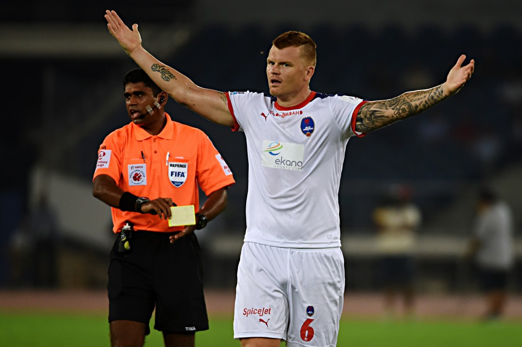 John Arne Riise of Norway reacts to getting a yellow card during the Indian Super League (ISL) football match between his team Delhi Dynamos F.C against Chennaiyin F.C. at the Jawarharlal Nehru Stadium in New Delhi on October 8, 2015. AFP PHOTO/ROBERTO SCHMIDT (Photo credit should read ROBERTO SCHMIDT/AFP/Getty Images)