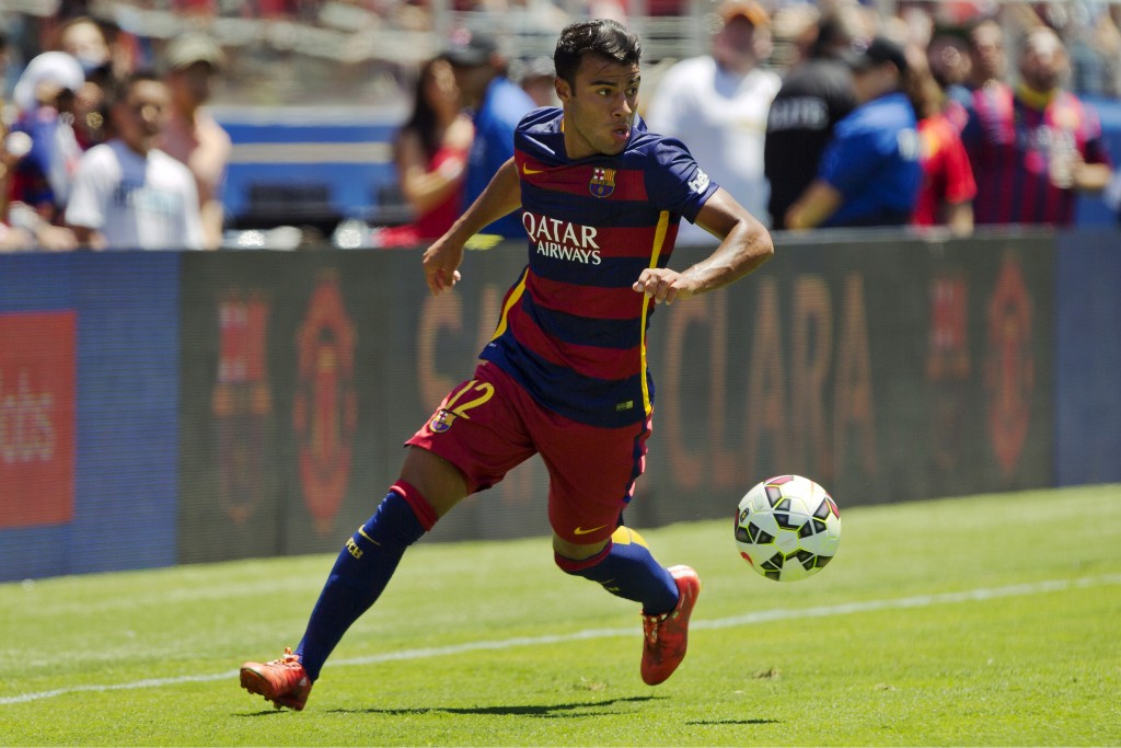SANTA CLARA, CA - JULY 25: Rafinha #12 of FC Barcelona lines up an attack against Manchester United FC in the first half during the International Champions Cup on July 25, 2015 at Levi's Stadium in Santa Clara, California. Manchester United won 3-1. (Photo by Brian Bahr/Getty Images)